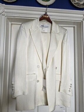 NWT Zara Cream Double-Breasted Satin Linen Blend Blazer Large